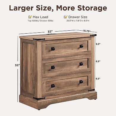 2PCS Farmhouse Night stand with Charging Station, 3 Drawer Bedroom End Table, Rustic Wood Nightstand