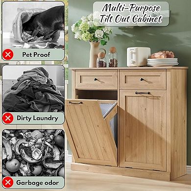 39.3" Farmhouse Laundry Cabinet with Double Tilt Hampers, Hidden Trash Storage and Drawer