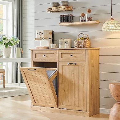 39.3" Farmhouse Laundry Cabinet with Double Tilt Hampers, Hidden Trash Storage and Drawer