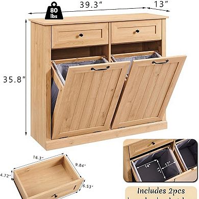 39.3" Farmhouse Laundry Cabinet with Double Tilt Hampers, Hidden Trash Storage and Drawer