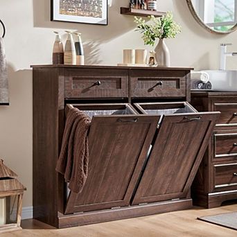 39.3" Farmhouse Laundry Cabinet with Double Tilt Hampers, Hidden Trash Storage and Drawer