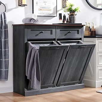 39.3" Farmhouse Laundry Cabinet with Double Tilt Hampers, Hidden Trash Storage and Drawer