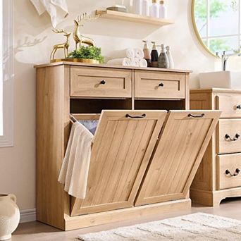 39.3" Farmhouse Laundry Cabinet with Double Tilt Hampers, Hidden Trash Storage and Drawer