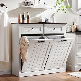39.3" Farmhouse Laundry Cabinet with Double Tilt Hampers, Hidden Trash Storage and Drawer