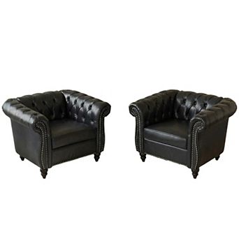 2 pc Chesterfield Faux Leather Accent Chairs, Tufted Nailhead Trim for Living Room Office