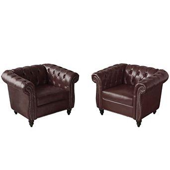 2 pc Chesterfield Faux Leather Accent Chairs, Tufted Nailhead Trim for Living Room Office