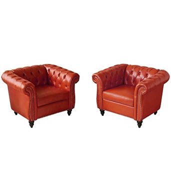 2 pc Chesterfield Faux Leather Accent Chairs, Tufted Nailhead Trim for Living Room Office