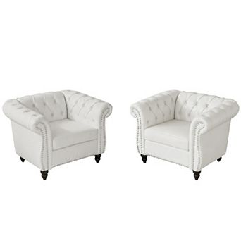 2 pc Chesterfield Faux Leather Accent Chairs, Tufted Nailhead Trim for Living Room Office