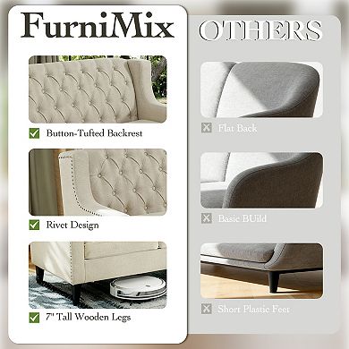 FIRLZY 79 Inch 3 Seater Sofa Tufted Back Nailhead Trim Solid Wood Legs for Living Room