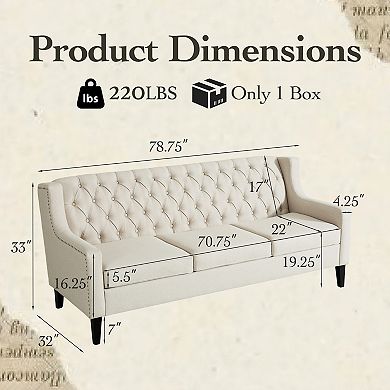 FIRLZY 79 Inch 3 Seater Sofa Tufted Back Nailhead Trim Solid Wood Legs for Living Room