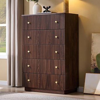 Modern 5-Drawer Fluted Dresser Tall Wood Chest of Drawers, Storage Organizer for Bedroom Living Room