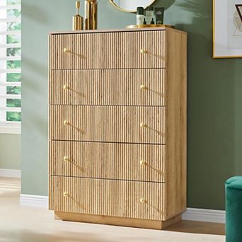 Modern 5-Drawer Fluted Dresser Tall Wood Chest of Drawers, Storage Organizer for Bedroom Living Room