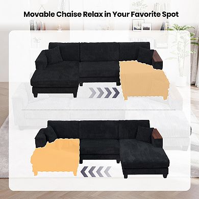 Cloud L Shaped Sectional Reversible Chaise Corduroy 2 Pillows Storage Armrests for Living Room