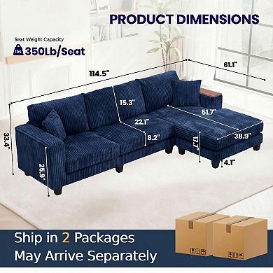 Cloud L Shaped Sectional Reversible Chaise Corduroy 2 Pillows Storage Armrests for Living Room