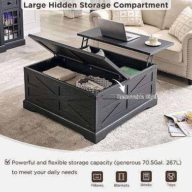 Farmhouse Lift Top Coffee Table, 36" Square Center Table w/Large Hidden Storage Compartment