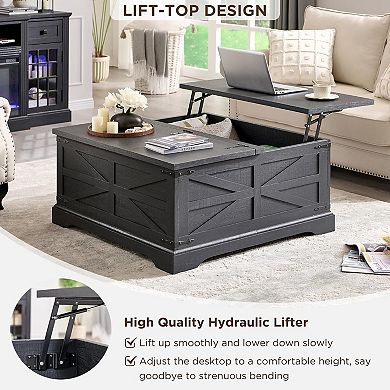Farmhouse Lift Top Coffee Table, 36" Square Center Table w/Large Hidden Storage Compartment