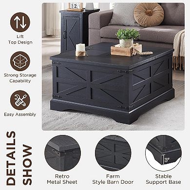 Farmhouse Lift Top Coffee Table, 36" Square Center Table w/Large Hidden Storage Compartment