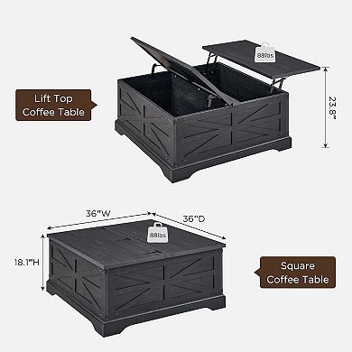 Farmhouse Lift Top Coffee Table, 36" Square Center Table w/Large Hidden Storage Compartment