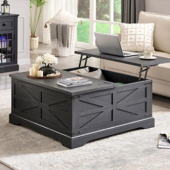 Farmhouse Lift Top Coffee Table, 36" Square Center Table w/Large Hidden Storage Compartment
