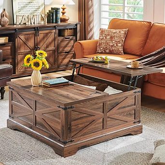 Farmhouse Lift Top Coffee Table, 36" Square Center Table w/Large Hidden Storage Compartment