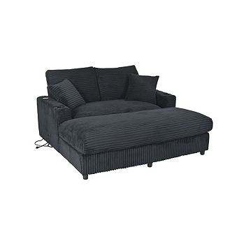 65" Oversized Indoor Chaise Lounge Chair with Pillows & 2 cup Holders, Comfy Corduroy Recliner