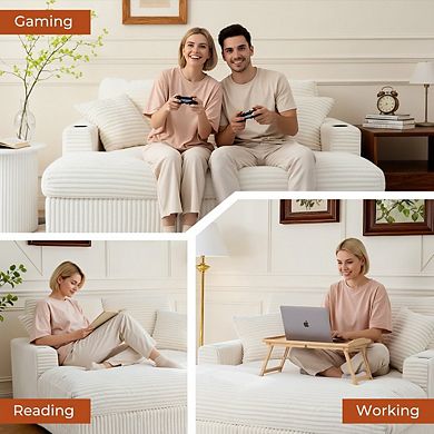 65" Oversized Indoor Chaise Lounge Chair with Pillows & 2 Cup Holders, Comfy Corduroy Recliner