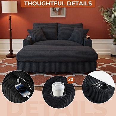 65" Oversized Indoor Chaise Lounge Chair with Pillows & 2 Cup Holders, Comfy Corduroy Recliner