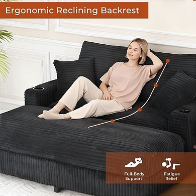 65" Oversized Indoor Chaise Lounge Chair with Pillows & 2 Cup Holders, Comfy Corduroy Recliner