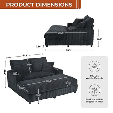 65" Oversized Indoor Chaise Lounge Chair with Pillows & 2 Cup Holders, Comfy Corduroy Recliner