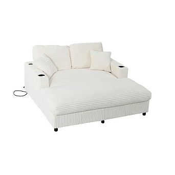 65" Oversized Indoor Chaise Lounge Chair with Pillows & 2 cup Holders, Comfy Corduroy Recliner