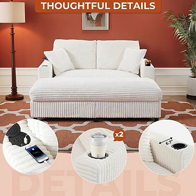 65" Oversized Indoor Chaise Lounge Chair with Pillows & 2 Cup Holders, Comfy Corduroy Recliner