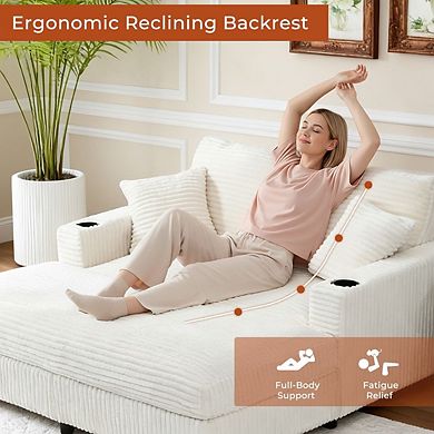 65" Oversized Indoor Chaise Lounge Chair with Pillows & 2 Cup Holders, Comfy Corduroy Recliner