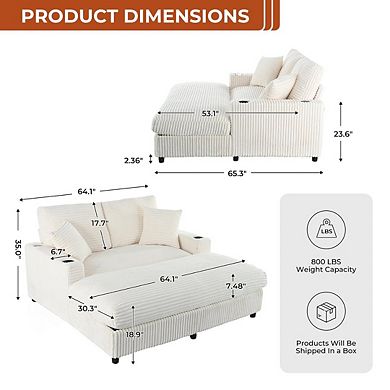65" Oversized Indoor Chaise Lounge Chair with Pillows & 2 Cup Holders, Comfy Corduroy Recliner