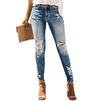 Womens High Rise Skinny Stretch Ripped Jeans High Waist Destroyed Denim Pants for Causal Work Office