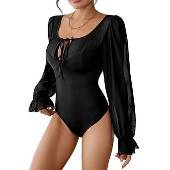Women Puff Long Sleeve Bodysuit Mesh Square Neck Tied Corset Body Suits Spring Summer Leotards