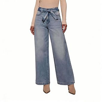 Women's Causal Dressy Wide Leg Jeans High Waist Bow Belted Denim Pants