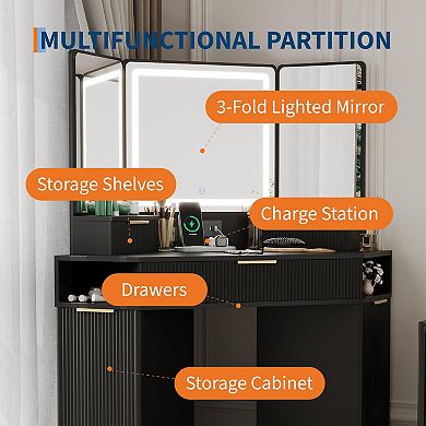 Corner Vanity, Corner Vanity Desk with Mirror and Lights, Fluted Makeup Table with Charging Station