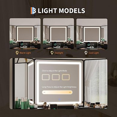 Corner Vanity, Corner Vanity Desk with Mirror and Lights, Fluted Makeup Table with Charging Station