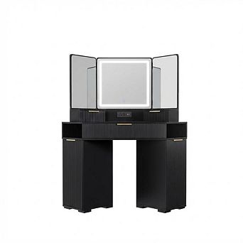 Corner Vanity, Corner Vanity Desk with Mirror and Lights, Fluted Makeup Table with Charging Station