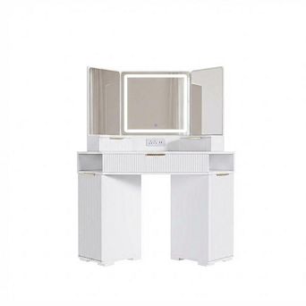 Corner Vanity, Corner Vanity Desk with Mirror and Lights, Fluted Makeup Table with Charging Station