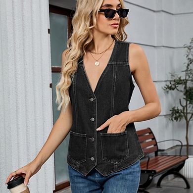 Women's Denim Vest Causal Dressy Sleeveless V Neck Button Down Washed Jean Top with Pockets