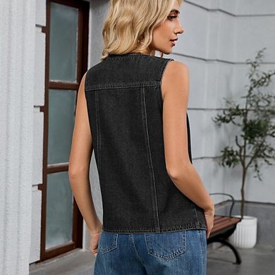 Women's Denim Vest Causal Dressy Sleeveless V Neck Button Down Washed Jean Top with Pockets