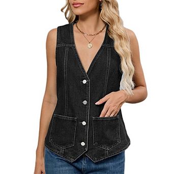 Women's Denim Vest Causal Dressy Sleeveless V Neck Button Down Washed Jean Top with Pockets