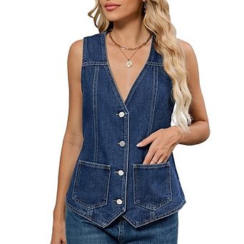 Women's Denim Vest Causal Dressy Sleeveless V Neck Button Down Washed Jean Top with Pockets