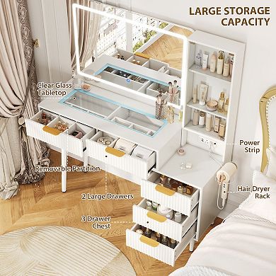 Modern Fluted Vanity Desk with LED Lighted Mirror, 48" Glass Top, 5 Drawers, 3-Tier Shelves