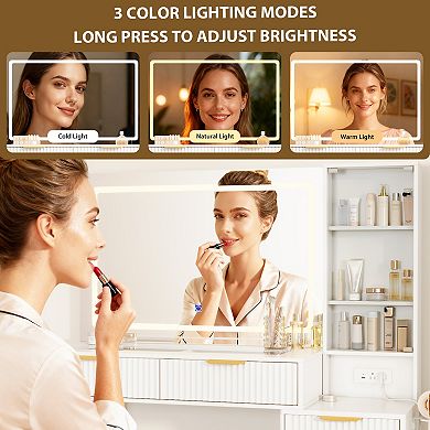 Modern Fluted Vanity Desk with LED Lighted Mirror, 48" Glass Top, 5 Drawers, 3-Tier Shelves