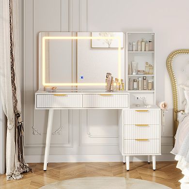 Modern Fluted Vanity Desk with LED Lighted Mirror, 48" Glass Top, 5 Drawers, 3-Tier Shelves