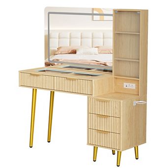 Modern Fluted Vanity Desk with LED Lighted Mirror, 48" Glass Top, 5 Drawers, 3 tier Shelves