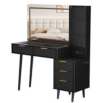 Modern Fluted Vanity Desk with LED Lighted Mirror, 48" Glass Top, 5 Drawers, 3 tier Shelves