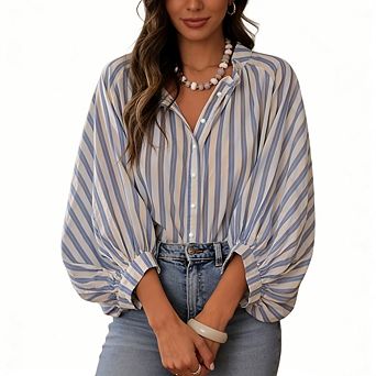 Women's Stripe Blouse Puff Long Sleeves Lightweight Button Down Tops for Casual Office Wear